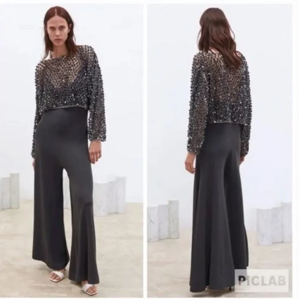 Zara Grey Knit Strappy Wide Flare Leg Jumpsuit, NWT, S - Picture 2 of 14